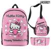 Nuevo producto 3D Cross-borDer: mochila escolar con diseño de Hello Kitty, bolso cruzado, estuche para lápices, conjunto de tres piezas con impresión