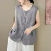 Colete de Cânhamo Xadrez de Botão Único Estilo Verão 2026 Roupa Exterior Casual Retrô para Mulheres