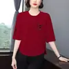 Comercio Exterior Transfronterizo~Camiseta de Manga Media Elegante de Gama Alta para Mujer, Ropa de Verano, Adelgazante, Cubre Vientre, Versátil, Casual que Reduce la Edad, Ropa para Mamá