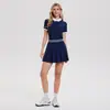 Conjunto esportivo de tênis com camisa polo Feixian para mulheres, saia plissada de cintura alta de manga curta para verão, conjunto esportivo de golfe anti-exposição