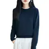 Top de punto 100% algodón para mujer, cuello redondo, manga larga, dobladillo enrollado, estilo casual, capa base cálida, top versátil de algodón puro