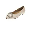Versión de Cuero Suave Aumentador de Altura 3cm Hebilla Cuadrada de Pedrería Exquisito Francés Punta Cuadrada Boca Baja de Satén Zapatos de Salón para Mujer Elegantes Zapatos de Salón para Banquetes