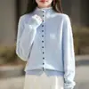 Estilo Old Money Otoño e Invierno Nuevo Suéter de Cachemira Cepillada Punto para Mujer Cárdigan de Lana Cuello Semi Alto Borde Enrollado Top Suave