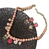 Collar de Perlas Color Champaña con Lazo de Corazón Rosa, Cadena para Clavícula, Cadena de Cuello de Gama Alta, Estilo Palacio Retro Francés