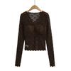 Can2508-25 Primavera Nuevo Estilo Europeo y Americano Calado Encaje Flocado Puro Lujoso Sexy Elegante Camiseta Básica de Manga Larga