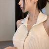 Chaleco de Verano Corto Ajustado de Punto con Solapa con Cremallera de Diseño y Top sin Mangas de Seda Fría para Mujer