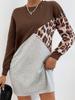 Amazon Comercio Exterior Transfronterizo Modelo Caliente Otoño e Invierno Nuevo Empalmado Cuello Redondo Media Longitud Estampado de Leopardo Sudadera Jersey Falda para Mujer