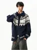 Cardigã de tricô Fair Isle com gola de botão de chifre, design de outono unissex, blocos de cor, jaqueta de tricô espessa