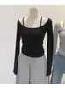 5195 # Camiseta Básica Feminina Outono/Inverno com Design Decote Halter Desejo Puro com Bojo Manga Longa Slim Elástica de Viscose Escovada