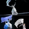 Leque de Seda Longo Branco Puro com Padrão de Nuvem Simulada, Adereço Elegante para Performance de Dança Clássica