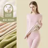 Ropa interior térmica de Cachemira y Seda Traje para Mujer Otoño e Invierno Forrado de Felpa Engrosado Ajustado Simple Base Ropa y Pantalones de Otoño