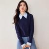Invierno 2024 Nuevo Estilo Coreano Sentido del Diseño de Moda Camisa de Costura Falsa de Dos Piezas Lel Jersey Pulóver Twixen para Mujer