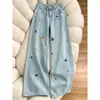 Outono de 2026 High Street Americana Retrô Bordado de Cachorro Cintura Alta Perna Larga Valorizador Solto Plus Size Jeans Calças Longas Femininas