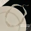 Brilho Prata Lunar! Colar de pérolas com camada dupla cravejado de diamantes, corrente para clavícula requintada de luxo leve, colar estilo vintage francês