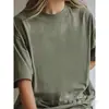 [Camiseta de Algodão Tamanho Europeu] Camiseta Lisa Pronta de Manga Curta Cor Pura Feminina Gola Redonda Classe Regular Uniforme Logo Impresso Verde Militar