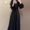 Vestido Longo de Manga Comprida com Gola V e Bolinhas em Estilo Francês, Novo Estilo Outono 2025, Muito Bonito e Elegante, Vestido Longo que Marca a Cintura