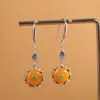 Pendientes de Estilo Étnico Vintage Plata S925 Incrustados con Ámbar Natural Pendientes de Loto de Ocho Pétalos Estilo Antiguo