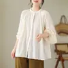 Manga sino solta, gola alta pequena, camisa plus size estilo floresta artística, jaqueta de tecido bordado