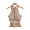 Camisola sin mangas de cuello alto medio con tiras al cuello para mujer Diseño con tira en la espalda Ajustada Plisada Sexy Espalda Descubierta Top