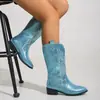 Botas Vaqueras Western Metálicas Brillantes Transfronterizas para Mujer Puntiagudas Tacón Grueso Media Pantorrilla Bordado Performance de Escenario Botas de Caballero