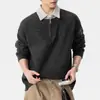 Camisa polo de otoño para hombre, estética "old money", con media cremallera, casual, retro, de bloques de color, diseño falso de dos piezas, manga larga, con cuello camisero