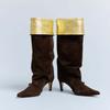Botas de Otoño de Punta Afilada de Ante Esmerilado con Pliegues de Pila de Comercio Exterior Europeo y Americano Talla Grande Bicolor Tacón Medio Solapa Hasta la Rodilla para Mujer