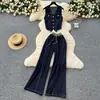 Traje de Moda para Mujer Madura Camiseta sin Mangas de Cuello en V Bolsillo de Línea Superior Pantalones de Pierna Ancha con Drapeado para Viaje