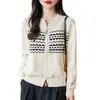Suéter de Tricô Jacquard com Blocos de Cor e Gola Redonda Outono/Inverno 2025 para Mulheres Jaqueta Cardigã de Algodão Puro com Design de Zíper Duplo Outono/Inverno Novo para Mulheres