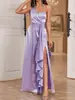 Vestido Longo de Festa Europeu e Americano Transfronteiriço Roxo Claro Cetim Uma Alça Barra Evasê com Babados Vestido de Noiva Madrinha Vestido de Festa Feminino