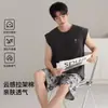 Estilo Novo de Verão Sem Mangas Shorts, Camiseta de Algodão Stretch Confortável e Respirável, Pijama Masculino, Conjunto de Roupa de Casa Listrado na Moda