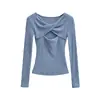 Camiseta de Tricô Sexy com Design Cruzado e Mangas Longas, Nova Peça Básica Elegante de Cor Sólida com Corte Slim para Primavera