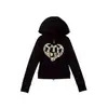 Cárdigan con capucha sudadera Y2K Millennial Hot Girl Bordado de Corazón y Letras Sudadera con capucha y cremallera multicolor retro Chaqueta para mujer
