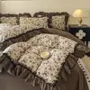 Conjunto de cuatro piezas de algodón lavado de lino estilo princesa retro francés para otoño e invierno, nueva funda de edredón de encaje, sábana, sábana bajera, ropa de cama
