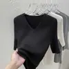 Suéter de Tricô Cinza Elegante de Gola V com Manga Média e Corte Slim para Mulheres, Novo Estilo Elegante para Primavera e Outono 2026, Top Básico Elegante