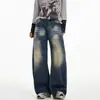 Jeans wide leg retrô americano com detalhe de bigode de gato para mulheres, novo estilo outono, lavado e com efeito desgastado, corte solto, versátil, comprimento total, calça de perna curva