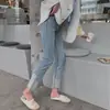 Calça Jeans Retrô Elástica de Verão e Primavera, Estilo Coreano, Versátil, de Pernas Retas para Mulheres, Cintura Alta, Emagrecedora, Cropped, Estilo Cigarette com Blocos de Cor