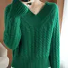 Suéter Verde de Punto con Cuello en V para Mujer 2026, Estilo Casual, Nuevo Jersey de Manga Larga Otoño/Invierno, Top Corto de Punto