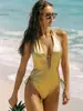 2027 Nuevo Traje de Baño Enterizo Brillante Transfronterizo Europeo y Americano Amazon, Escote en V Profundo, Tira Delgada, Alta Elasticidad, Traje de Baño para Fuentes Termales para Mujer