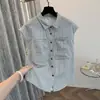 Cardigan Camisa sin Mangas de Algodón Lino Gris Claro con Cuello para Mujer Verano Nuevo Estilo Petite Moda Elegante Top de Ramio