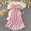 Vestido floral adelgazante estilo hada retro francés, fresco y sencillo, con cintura alta, cordón, cintura plisada y un bajo amplio acampanado