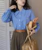 Camisa azul de niña danesa con cuello puntiagudo pequeño de 150 pliegues, retro, sal de alta calidad para ir al trabajo