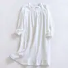 Camisola Branca Vestido de Crepe de Algodão Vestido Longo de Manga Longa Feminino Solto de Comprimento Médio Vestido de Algodão Princesa Roupa de Casa