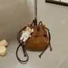 Bolsa Cubo con Borlas Retro Coreana de Otoño Invierno para Mujer, Nueva Moda Versátil con Cordón, Bolsa de la Suerte, Bolso de Hombro Único, Bolso Cruzado