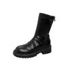 Botas Delgadas Estilo Piel de Vaca Tacón Grueso Suela Gruesa Punta Redonda Cremallera Trasera Plisada Botines de Pila para Mujer Piel Genuina