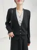 Cardigan de Tricô Color Block V-Neck Estiloso, Falso Duas Peças, para Mulheres, Suéter de Manga Longa para Primavera e Outono, Top Elegante de Corte Justo, Preto