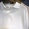 Camisa Polo Tricotada em Seda Gelada para Homens, Design Sofisticado Pequeno em V Vazado Estilo Old Money, Camiseta de Manga Curta com Gola Reversível para Homens, Verão