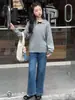 Meninas 2026 Estilo Coreano Estilo Acadêmico Cinza Gola Polo Tricô Conjunto de Duas Peças Moletom Crianças Médias e Grandes Jeans Flare