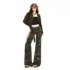 Traje de mezclilla transfronterizo para mujer, con estampado de camuflaje, chaqueta ligeramente acampanada, corte ajustado estilo americano, pantalón largo de camuflaje y chaqueta de camuflaje de longitud extendida
