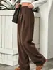 Pantalones Casuales de Pana Europeos y Americanos Transfronterizos para Mujer Elásticos con Cordón Cintura Media Caída Pierna Recta Multicolores Casuales Largos