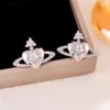 Pendientes de Lujo Ligero de Nicho Saturno Incrustados con Circonita, Pendientes Exquisitos de Nicho con Diseño de Estrella de Cinco Puntas y Corazón, Pendientes Elegantes para Mujer